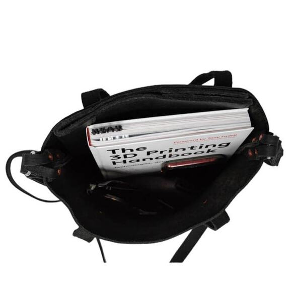 Haiti Made Mini Travay Upright Saddle Black Leather Tote Bag Purse Front Pocket - Picture 11 of 12